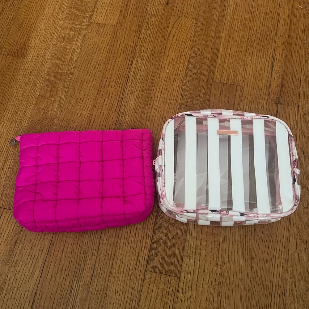 Pink Quilted Pouch and Striped Clear Bag Set